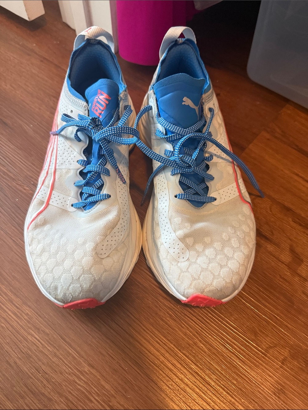 Puma White Running Sneakers with Blue Laces and Pink Trim